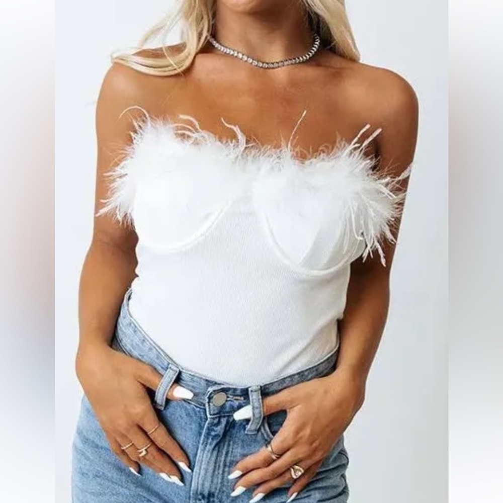 Entro White Feather-Trimmed Bodysuit